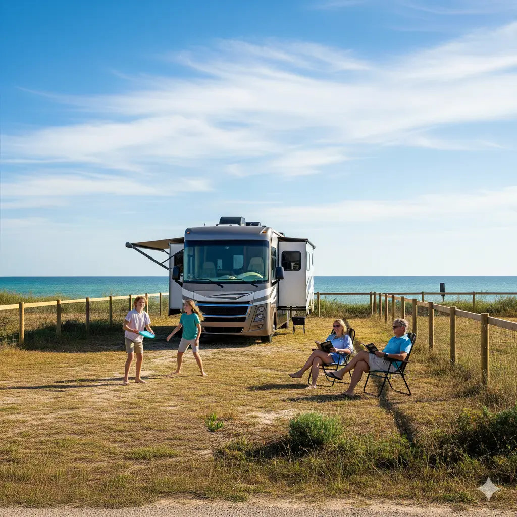 A caravan parked on a beautiful plot of land near the sea